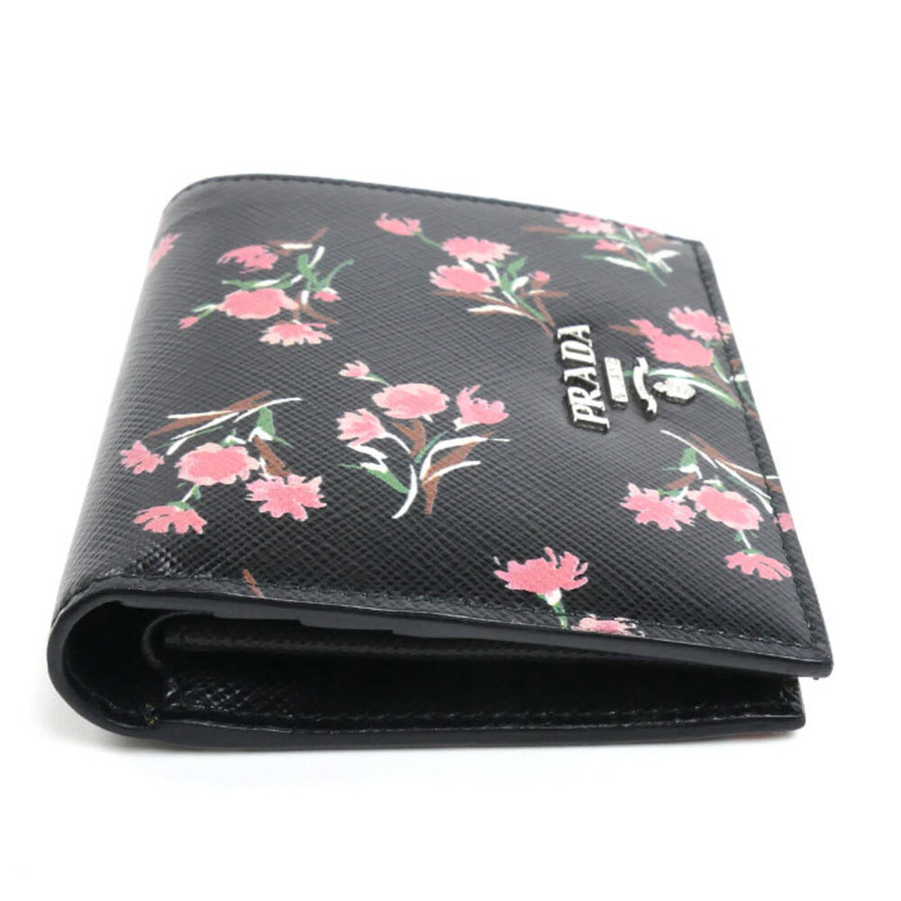 PRADA Prada Saffiano Flower Bouquet Bi-fold Wallet Black 1MV204 Women's - Picture 3 of 7